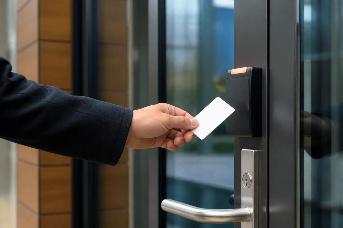 Hand presenting an access card to a reader at a glass entry door