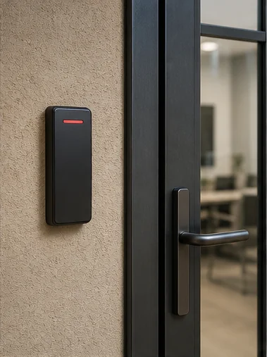 Access control reader beside a commercial door