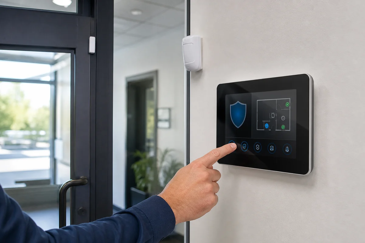 Technician using a modern touchscreen alarm panel beside a protected commercial entry