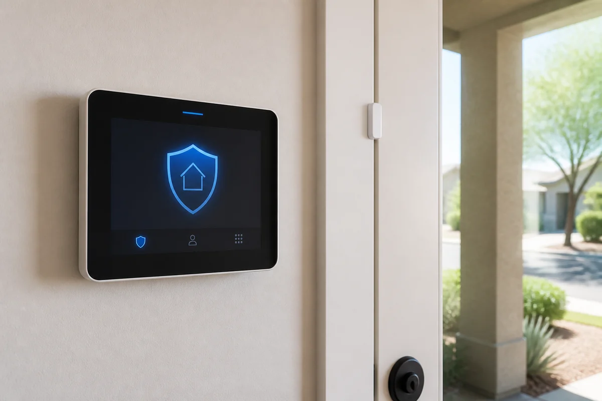 Modern touchscreen alarm panel beside a protected entry door
