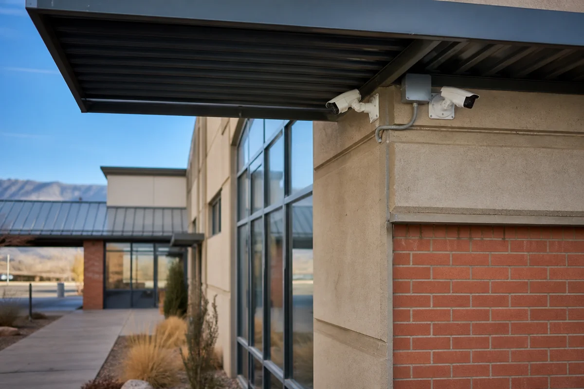 Security cameras professionally mounted on a commercial building exterior
