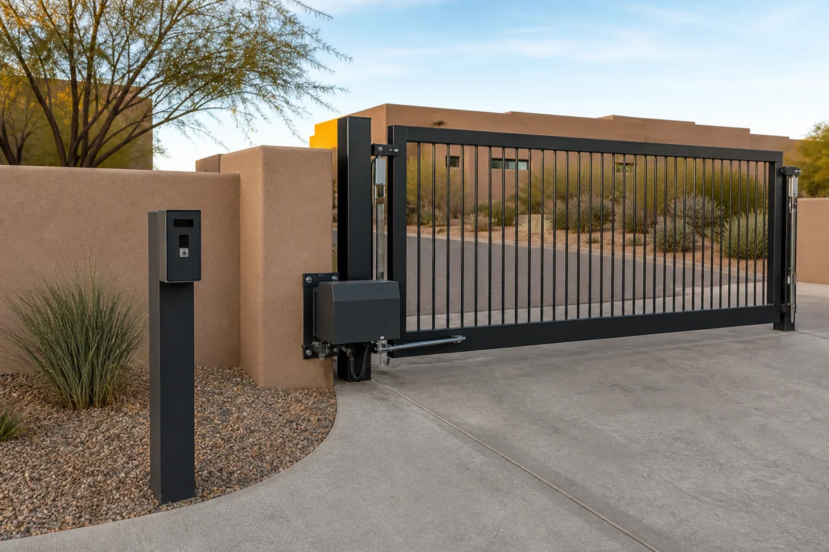 Automated commercial gate with operator and entry pedestal
