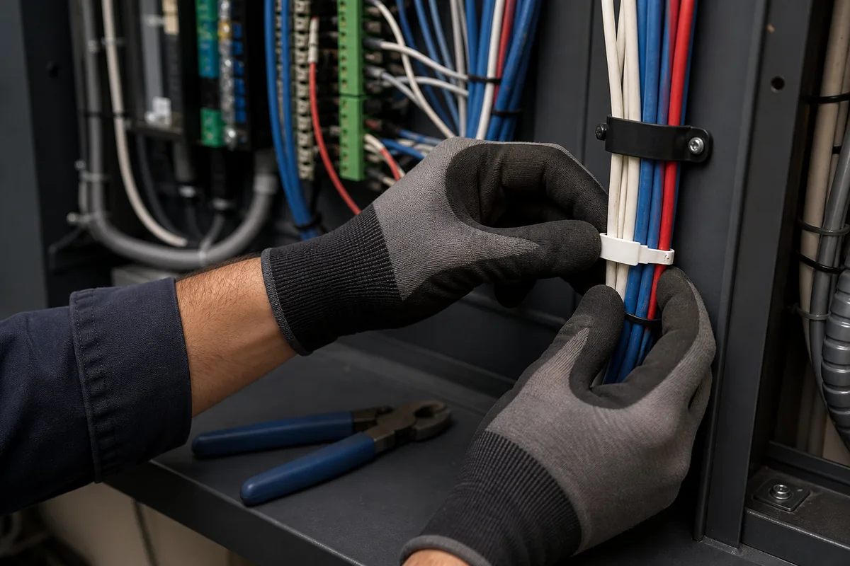 Technician organizing and labeling low-voltage wiring in an equipment enclosure