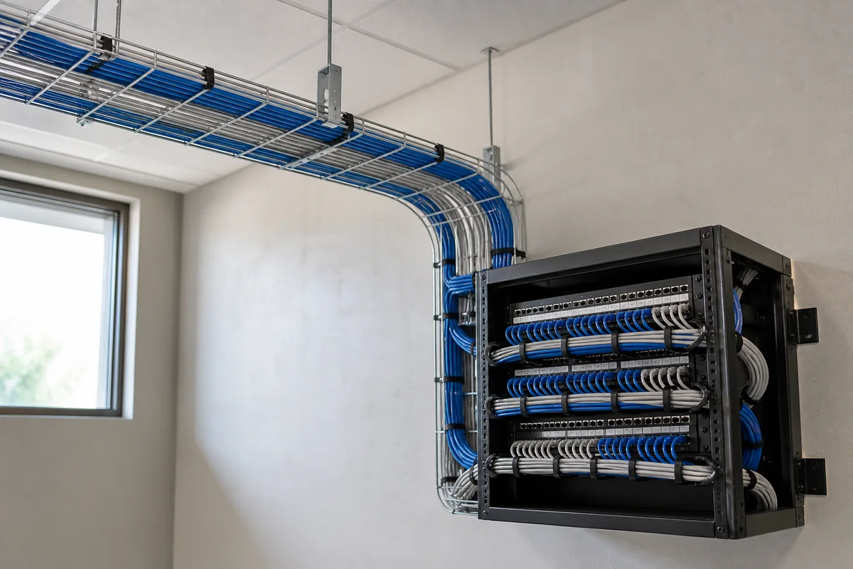Organized data cabling routed through a cable tray into a network rack